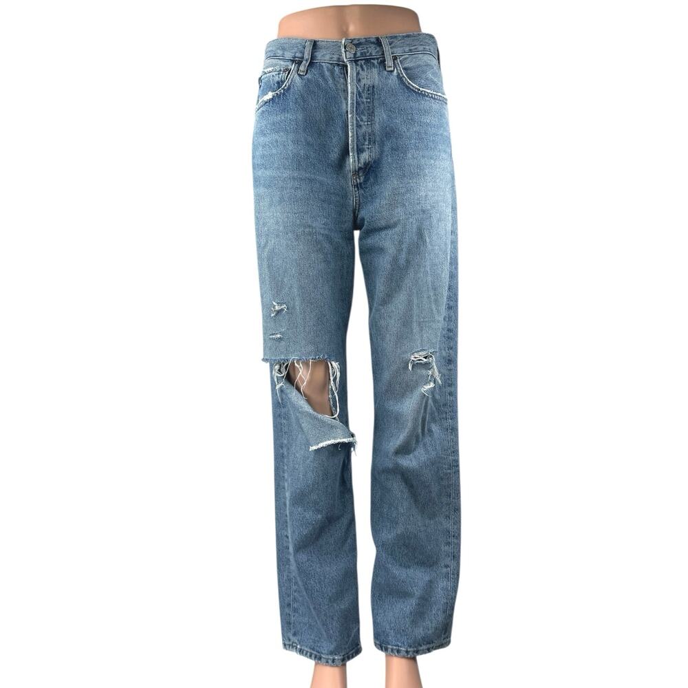 Agolde Women's Blue High Waist Distressed Straight Leg Denim Jeans Pants Size 26